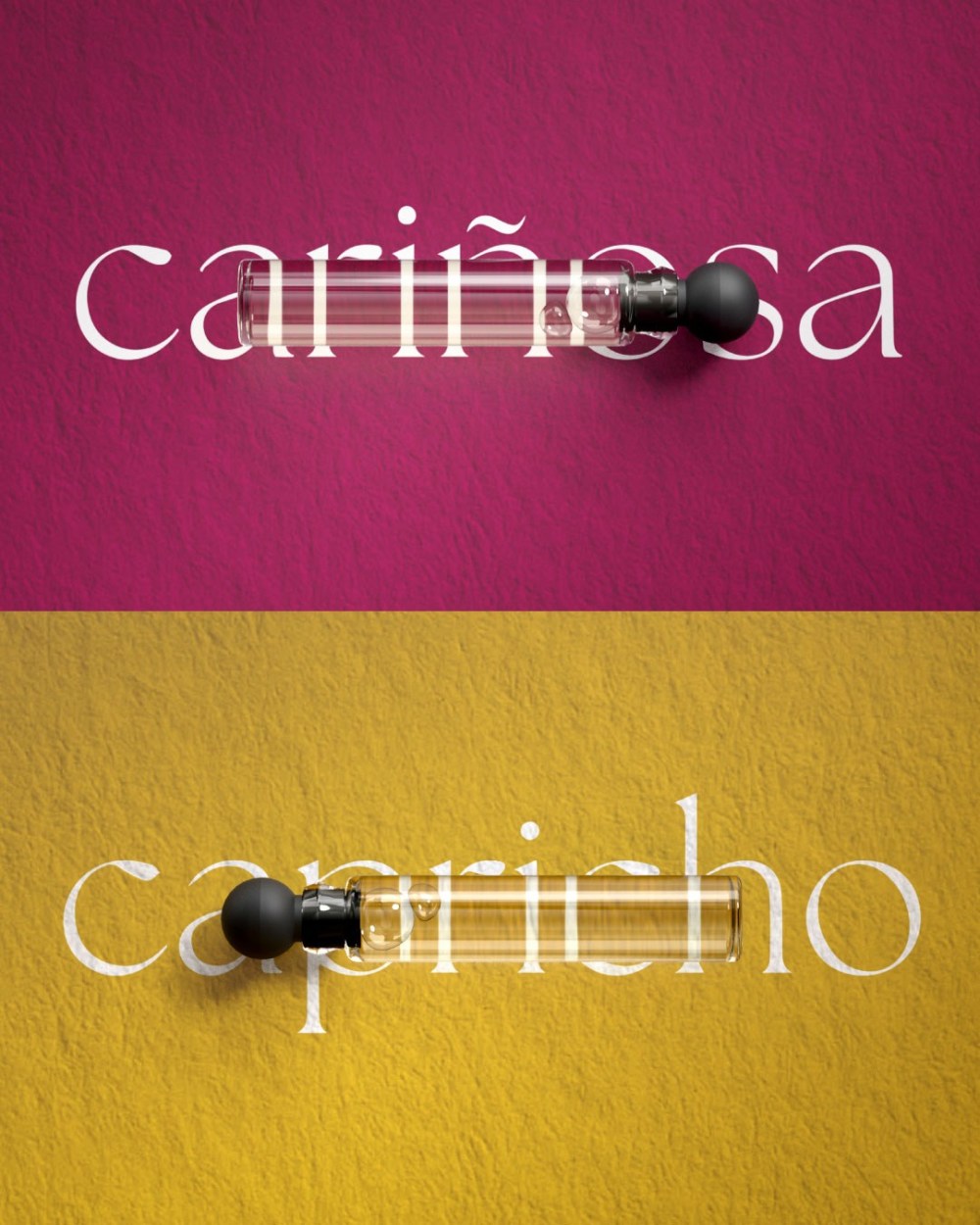 Image of Cariñosa and Capricho Extrait de Parfum bottles taken from a low camera angle.