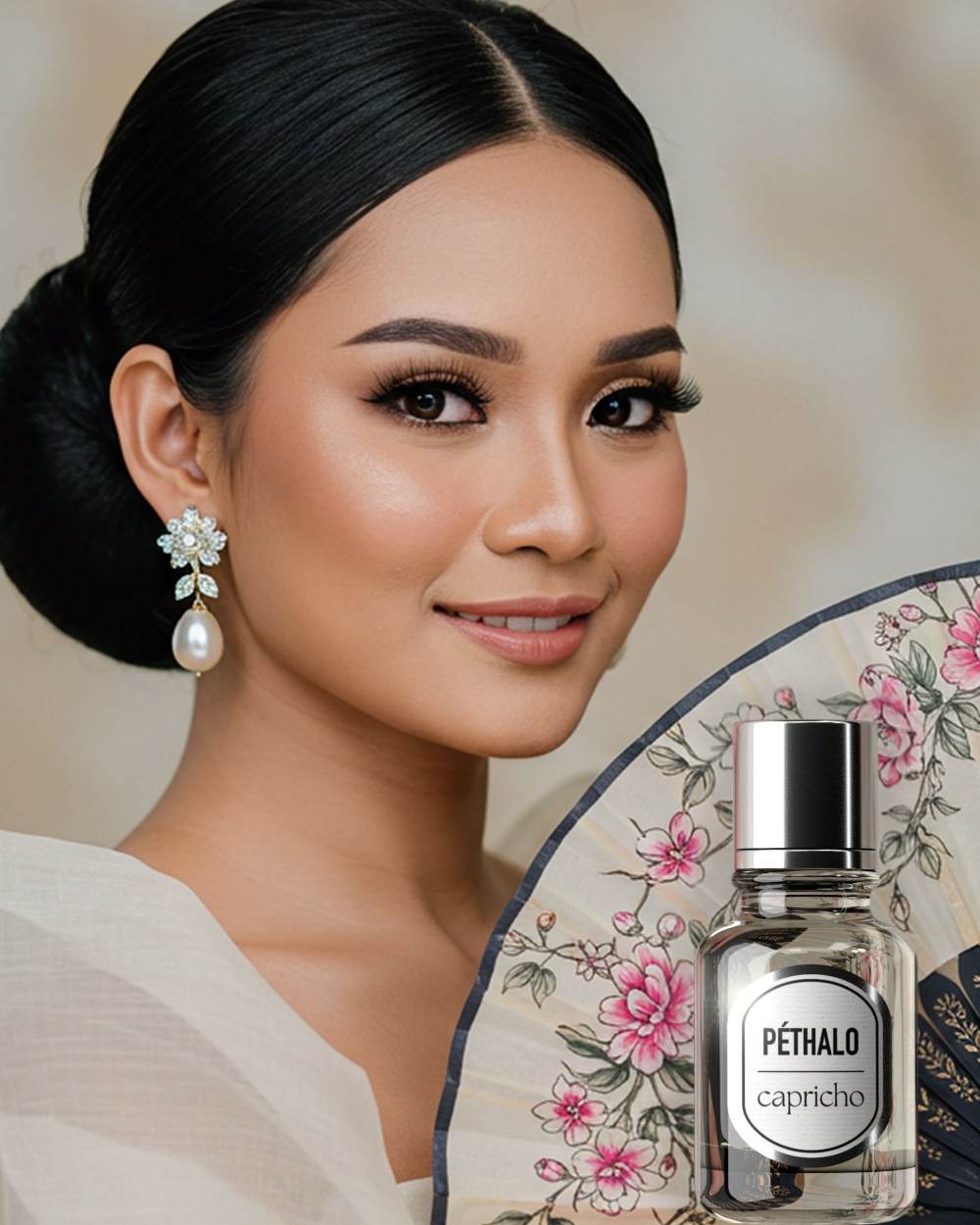 Image of a Péthalo perfume with a Filipina model in the background holding a fan.